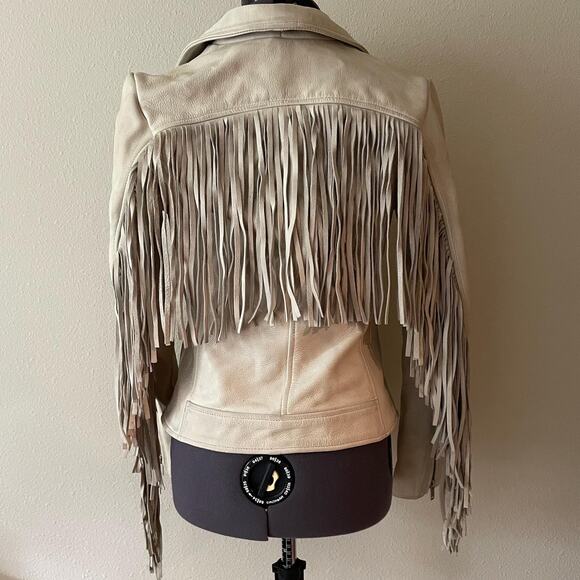 Black Rivet Jackets & Blazers - Genuine Leather Cream Fringe Western Moto Jacket Boho Cowgirl black rivet XS